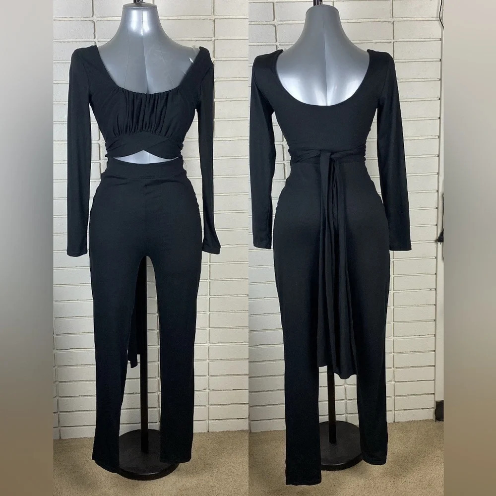 Black cut out midriff solid long sleeve sexy bodysuit pantsuit jumpsuit sz large